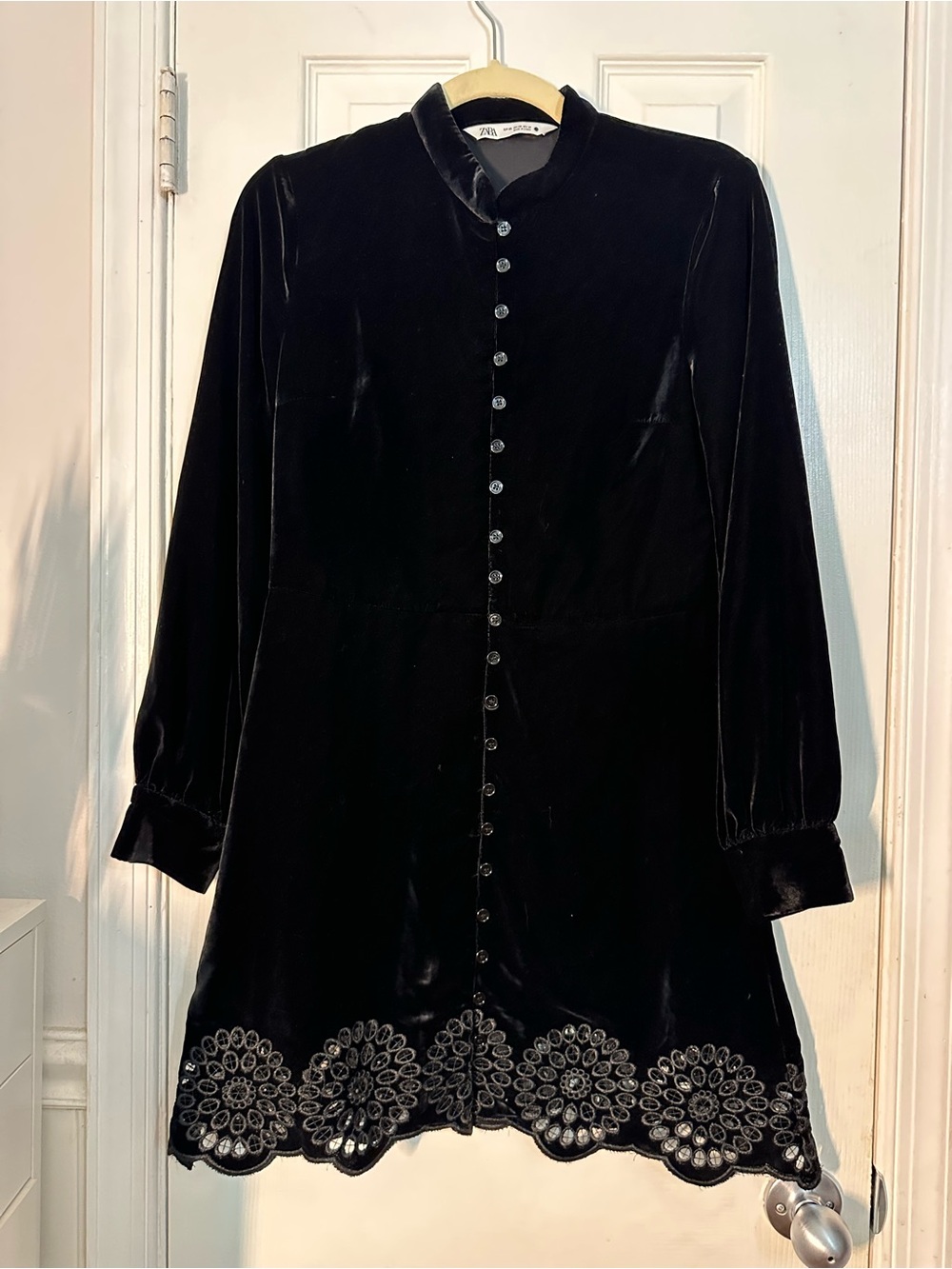 Zara Black Velvet Long-Sleeve Button Dress with Embroidered Scalloped Hem